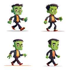 Cute Green Monster Cartoon Character Set Walking, Funny Halloween Mascot Pack, Flat Vector Illustration