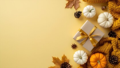 Cozy autumn gift arrangement with white and orange pumpkins yellow background decorative fall elements warm atmosphere