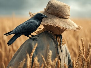 A crow perched on the shoulder of a straw hat scarecrow in a golden wheat field, creating a striking rural scene.