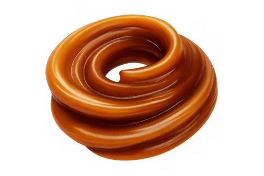 Caramel sauce swirl isolated on a transparent background, depicting a sweet dessert topping or confectionery ingredient