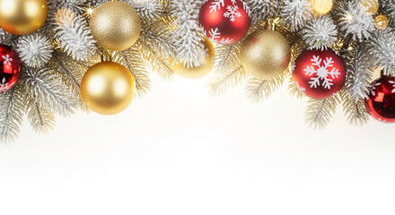 Close-up of red and gold ornament on frosted branch with light, creating festive holiday display, symbolizing Christmas celebration and tradition