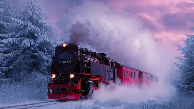 Steam locomotive adventure, Classic red steam engine moving in winter landscape, Oldfashioned train chugging through snowy forest under blue winter