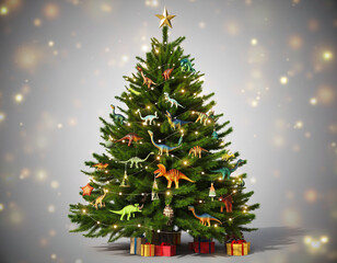 Festive Christmas Tree with Dinosaur Ornaments and Presents on a Blue Background.