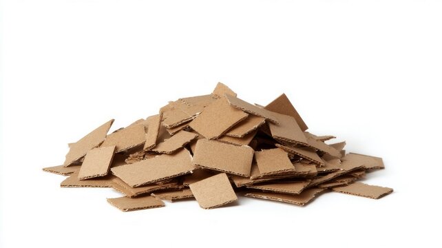 Cardboard squares form textured pile on solid white background. Clean, minimalist approach with warm tones highlighting material detail and geometric composition. Neural network AI generated