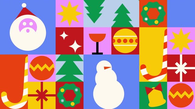 4K Christmas checkered pattern with geometric minimal holiday icons and simple shapes forms. Abstract background for Christmas and New Year holidays. Looping animation.