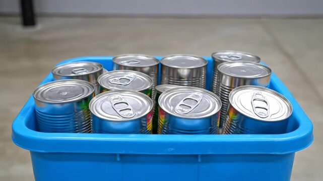 A collection of empty metal tin cans in a blue plastic bin for recycling. Household waste sorting for sustainability. Vertical video