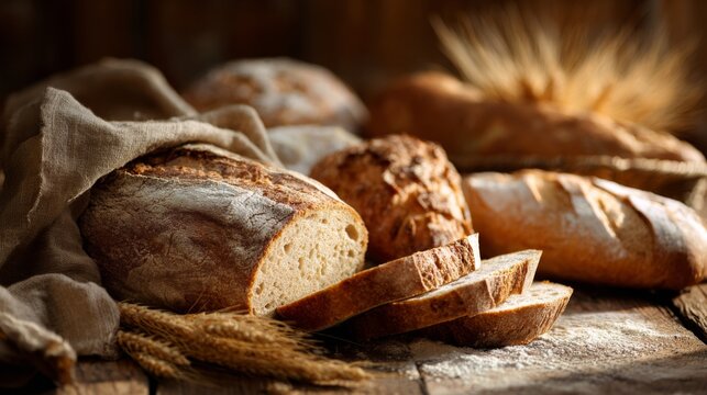Assorted freshly baked rustic bread loaves and slices on wooden table with wheat grains and warm light
