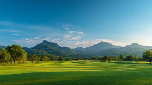 Green golf course with mountain view under blue sky