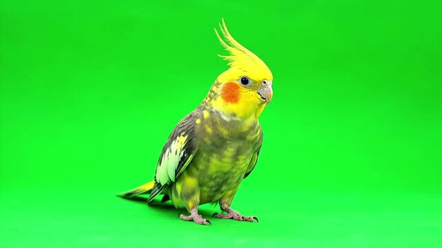 Yellow cockatiel bird walking isolated on green chroma key background
