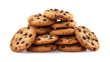 Stack of golden brown chocolate chip cookies, centered on solid white background, evoking warmth and sweetness with close-up perspective. Neural network AI generated