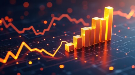 A vibrant financial graph displaying rising trends with golden bars and red lines against a dark background, symbolizing growth and success.