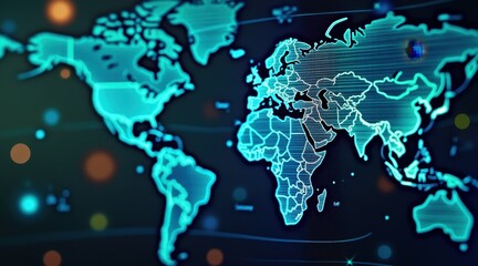 A digital map of the world in bright blue hues, featuring outlines of continents and dotted lights, suggesting a futuristic and technological vibe.