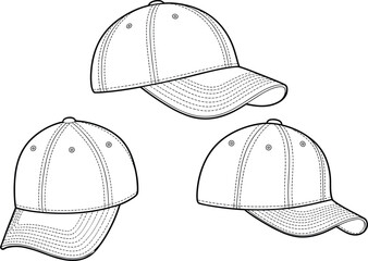 Baseball cap technical drawing, flat vector illustration, fashion CAD sketch, curved brim hat design, apparel mockup template, editable accessory outline