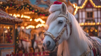 Majestic Noble Horse With Santa Hat Celebrating Christmas and Surrounded by Festive Lights in a Joyful Scene