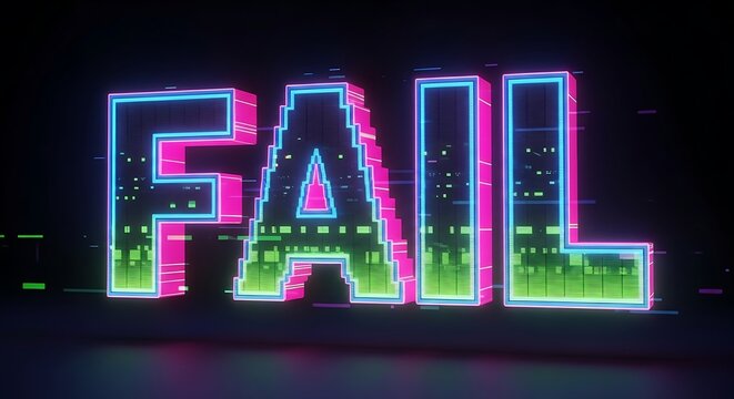 3D Pixelated "FAIL" Text with Neon Outline and Digital Glitch Effect: Game Over, Error, System Malfunction, and Cyberpunk Design