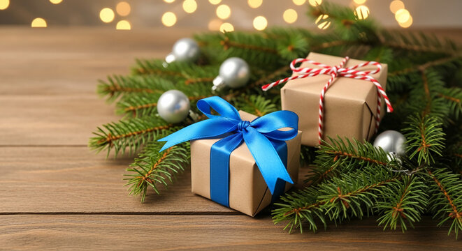 Two gift box on wood with bow and cord, evergreen branch, silver ornament and blurred lights, representing festive celebration, Christmas giving