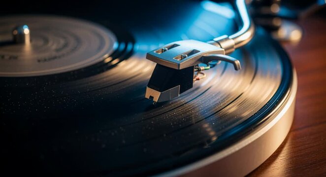 Close-up of a vintage turntable with a spinning vinyl record and tonearm in a warm ambient light, showcasing analog music playback equipment setup