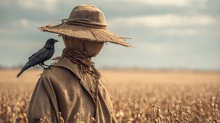 A straw scarecrow stands in a golden field with a crow perched on its shoulder under a cloudy sky.