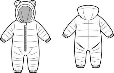 CAD drawing flat vector illustration of baby snowsuit front and back view, winter jumpsuit fashion technical sketch, apparel design template