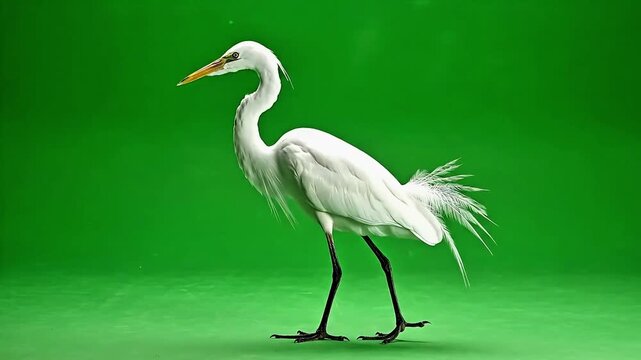 White egret walking bird isolated on green chroma key background