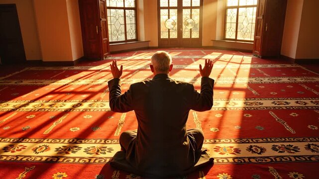 An elderly man makes dua with his hands raised in a mosque at sunset during Eid al-Adha