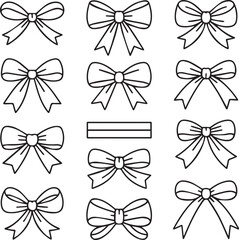 Collection of twelve hand drawn bows arranged in a grid pattern on a white background