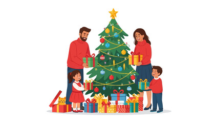 Family Holiday: A family gathers together around a Christmas tree, preparing for a festive holiday season with decorations and presents, symbolizing togetherness and the joy of the holiday.