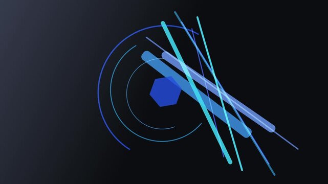 Abstract blue and cyan geometric shapes and lines forming a dynamic composition on a dark background
