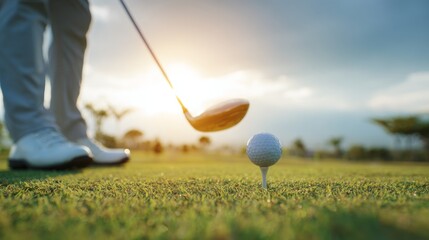 Golfer preparing to hit golf ball on tee at sunrise