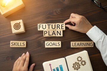 Business professionals creating a 'Future Plan' with wooden blocks for 'Goals,' 'Skills,' and 'Learning.' A top-down view of strategy and career development.
 Generative Ai.