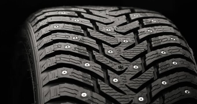 Studded winter tire rotating on black background, loop-ready