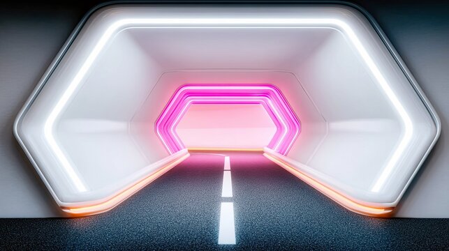 A modern, sleek, and futuristic tunnel with a road, illuminated by white and pink neon lights.