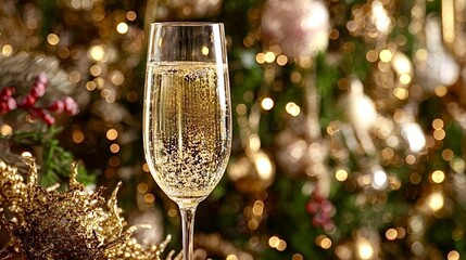 Champagne glass sparkling against festive holiday background