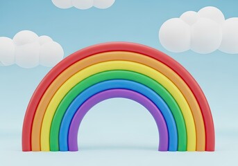 Colorful Rainbow with Clouds on Light Blue Background, Seven Layered Rounded Arch