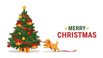 Holiday Delight: A cheerful puppy playfully engages with a festively adorned Christmas tree, evoking warmth and festive spirit. A message wishes a Merry Christmas.