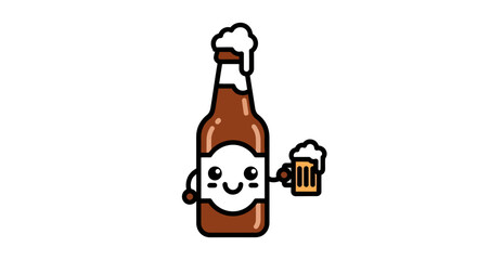 Cartoon beer bottle character holding a frothy mug exudes cheerful beverage vibe illustration