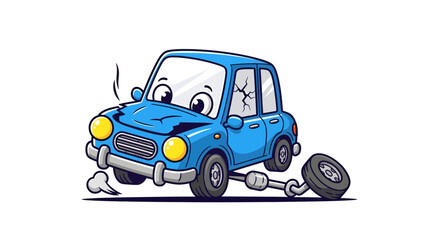 Naklejka premium Cartoon Blue Car with Cracks and a Detached Wheel, showcasing whimsical automotive misfortune