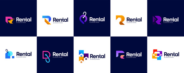 A collection of abstract R letter logos, with concepts of leasing, business agent sales, and vector illustration design.
