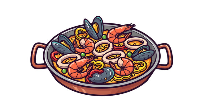 Authentic seafood paella illustration in rustic pan evoking culinary delight and mediterranean