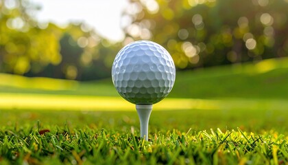 A golf ball positioned on a tee amidst the lush greenery of a golf course