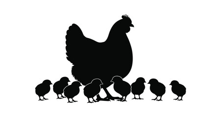 A protective hen watches over her small brood of fluffy chicks