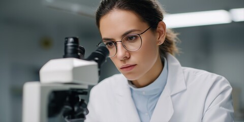 Female scientist analyzing samples in laboratory with microscope