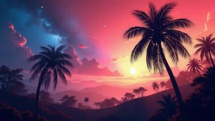 Vertical animation of a tropical sunset with silhouetted palm trees. Stylized synthwave landscape with a vibrant pink and purple sky. Fantasy nature background - Powered by Adobe