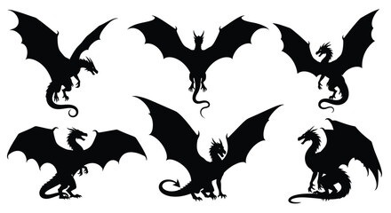 Silhouettes of mythical dragons in various dynamic flying poses illustrated