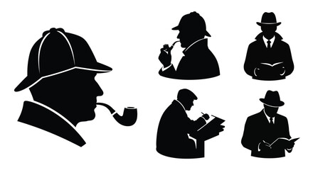 Silhouettes of detectives and men in hats a classic noir style illustration