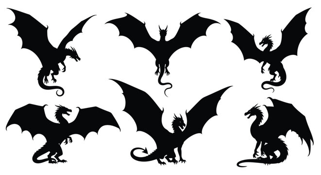 Silhouettes of mythical dragons in various dynamic flying poses illustrated