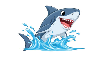 Naklejka premium Cartoon shark leaping from ocean wave showcasing its sharp teeth and playful expression