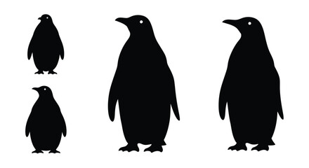 Obraz premium Simple black silhouettes of four penguins of varying sizes are shown