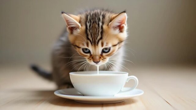 A cute tabby kitten drinking milk from a white teacup. Adorable small pet with blue eyes feeding indoors on a wooden floor. Domestic animal care concept