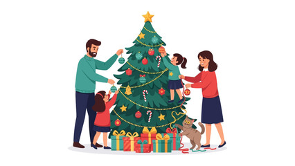 Family Christmas Celebration: A close-knit family decorates a Christmas tree, creating a scene of warmth, love, and holiday spirit, filled with joy and anticipation